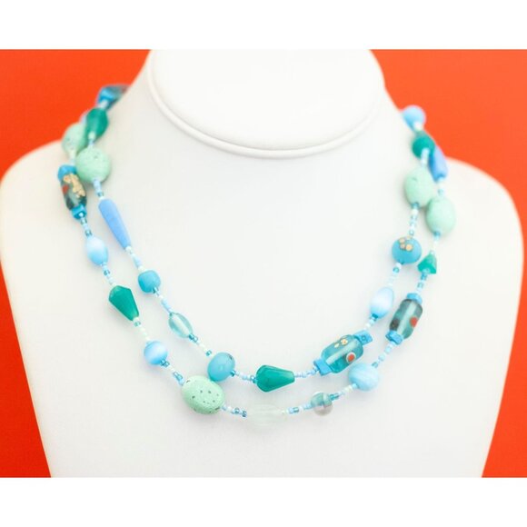 44 inch, Vintage Bohemian Glass Stone Plastic Blue Beads Beaded Necklace - F35 - Picture 1 of 3